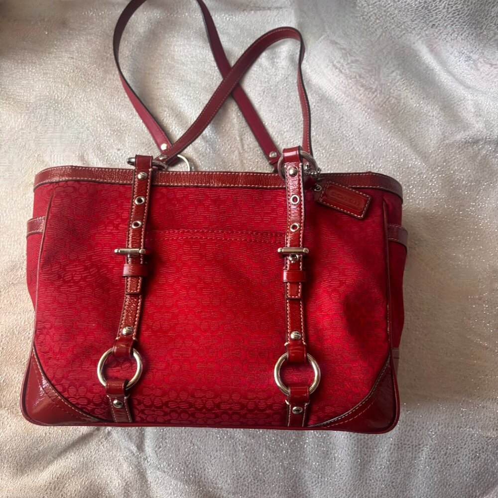RARE Coach Gallery Signature Red Patent Leather Tote Shoulder Bag #F12346